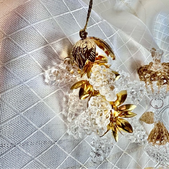 Vintage Glass Christmas Ornaments, Resin Grapes, Pear, Apple, Gold Glitter Decor